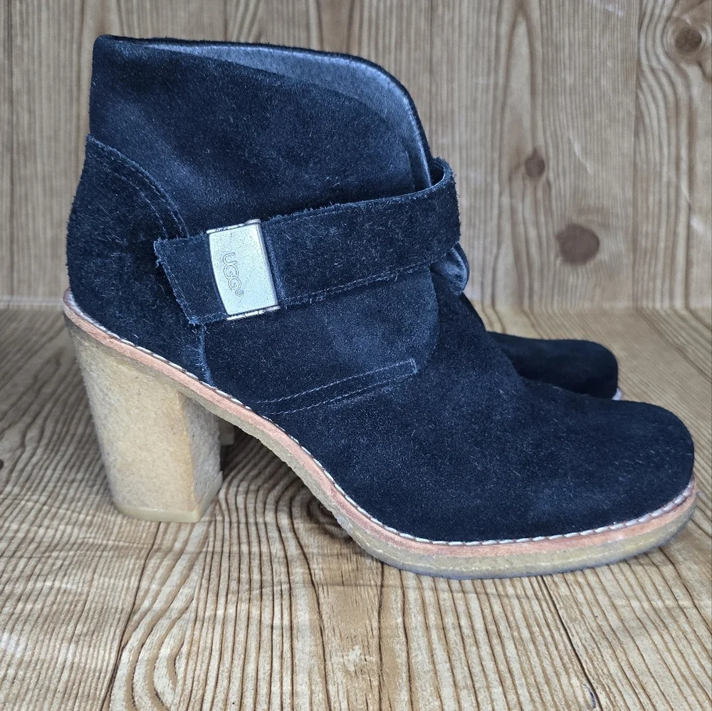 UGG Brienne Black Suede Buckle Ankle Heeled Boots Size‎ 8